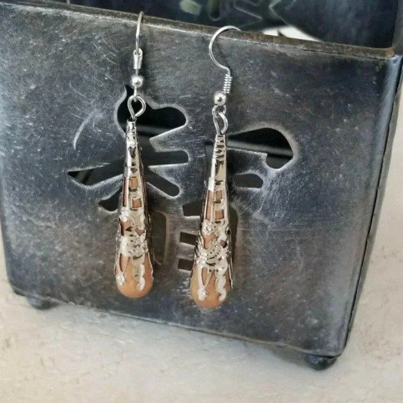 Victorian Style Brown Wood Silver Filigree Teardrop Handcrafted Earrings - Picture 1 of 7
